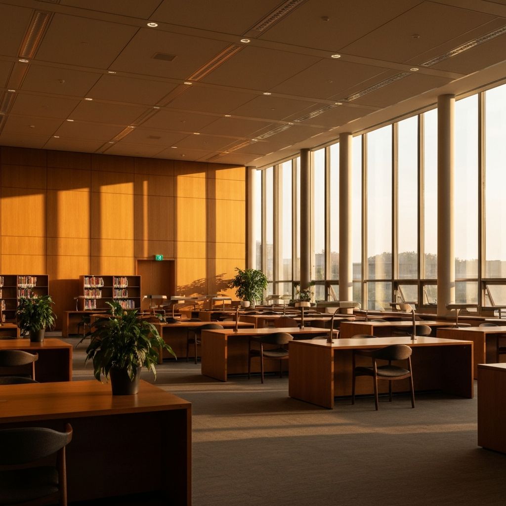 A calm scholarly reading room with warm light streaming through tall windows