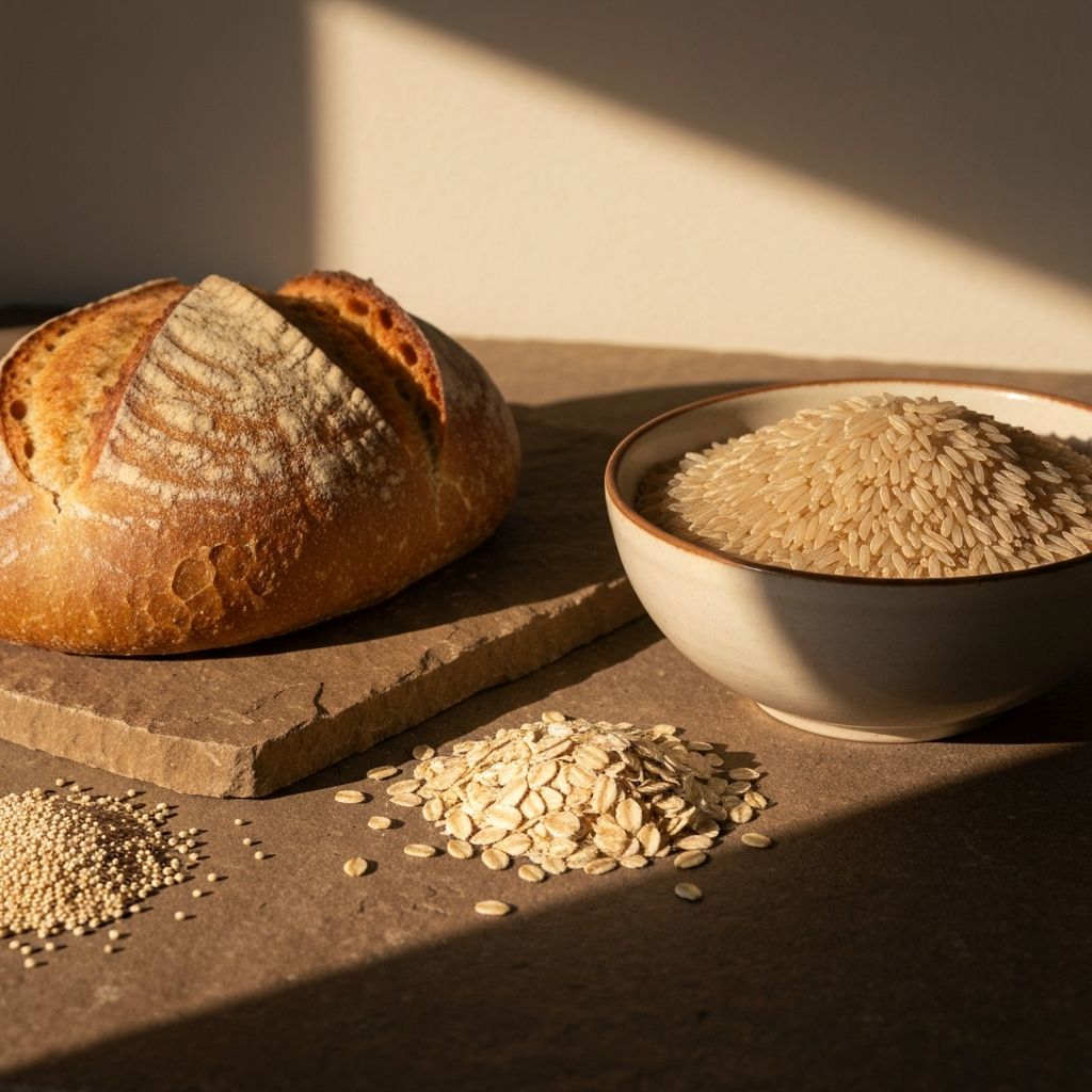 Whole grain bread, brown rice and oats on a stone surface