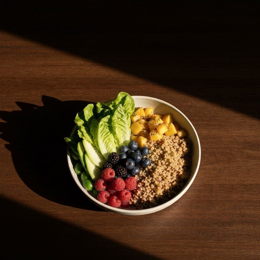 A balanced arrangement of fresh whole foods on a dark wooden surface