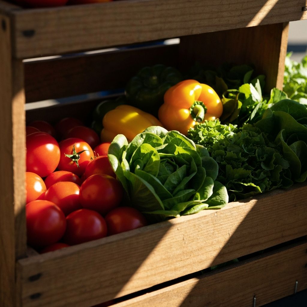 Fresh seasonal vegetables and herbs overflowing from a wooden market crate
